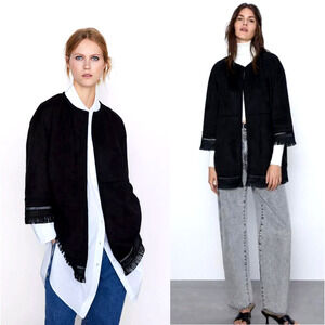 Zara XL Oversized $149 Bohemian Fringe Faux Suede Kimono Jacket Black 14 16 18